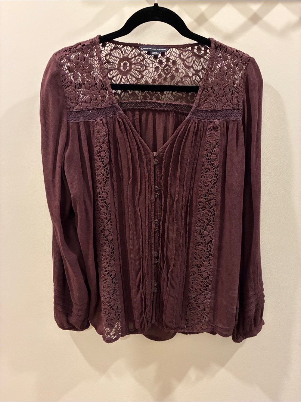 American Eagle Outfitters Lace Yoke Button-Front Blouse - Mauve